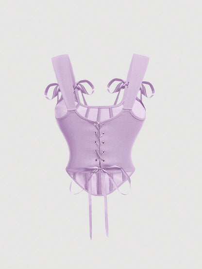 Bow Front Tie-Back Corset Tank Top | Hot Pink Asymmetrical Wide-Strap Crop Top