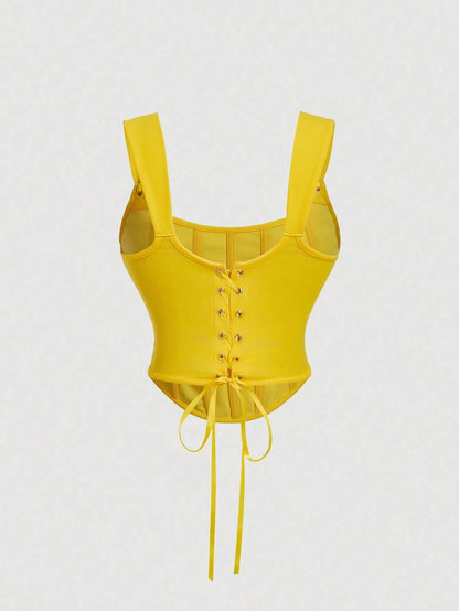 Bow Front Tie-Back Corset Tank Top | Hot Pink Asymmetrical Wide-Strap Crop Top