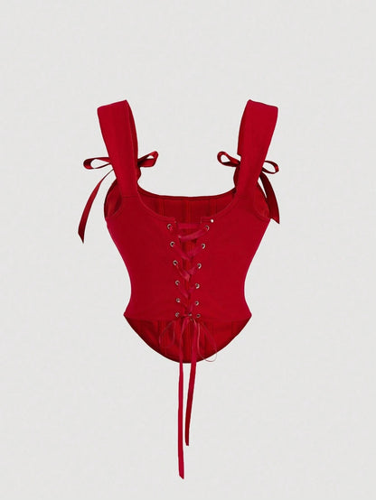 Bow Front Tie-Back Corset Tank Top | Hot Pink Asymmetrical Wide-Strap Crop Top