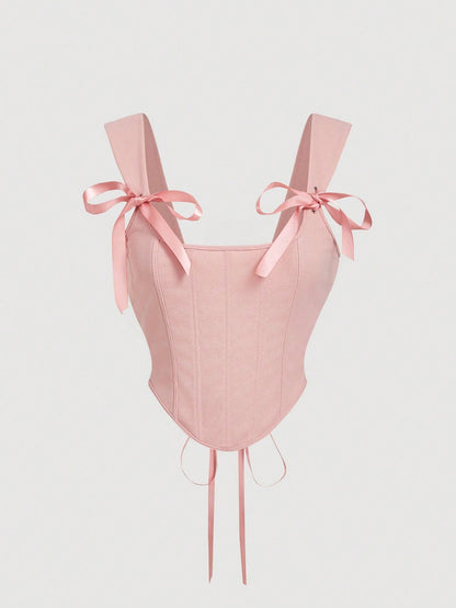 Bow Front Tie-Back Corset Tank Top | Hot Pink Asymmetrical Wide-Strap Crop Top