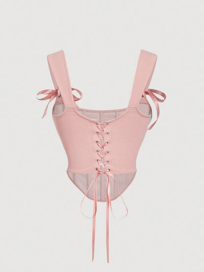 Bow Front Tie-Back Corset Tank Top | Hot Pink Asymmetrical Wide-Strap Crop Top