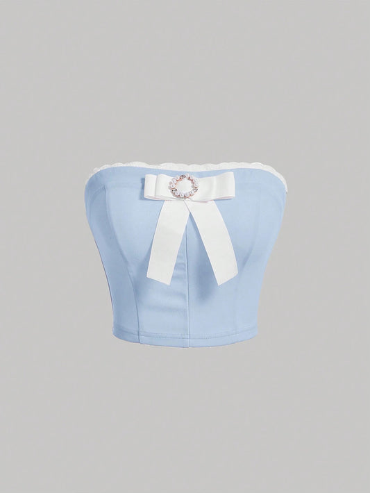Bow Front Strapless Lace Patchwork Corset Tube Top | Pearl & Rhinestone Crop Top