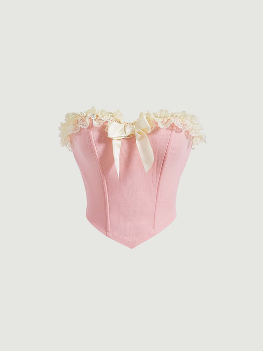 Bow Front Lace Trim Bandana Hem Corset Tube Top | Waist-Shaping Crop Top