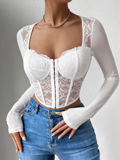 Asymmetrical Hem Lace Bustier Top | Long Sleeve Sweetheart Corset Crop Top