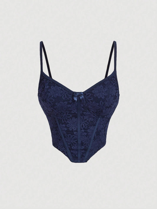 Bow Knot Lace Trim Asymmetrical Hem Cami Top | Elegant Slim-Fit Corset Style Spaghetti Strap Crop Top