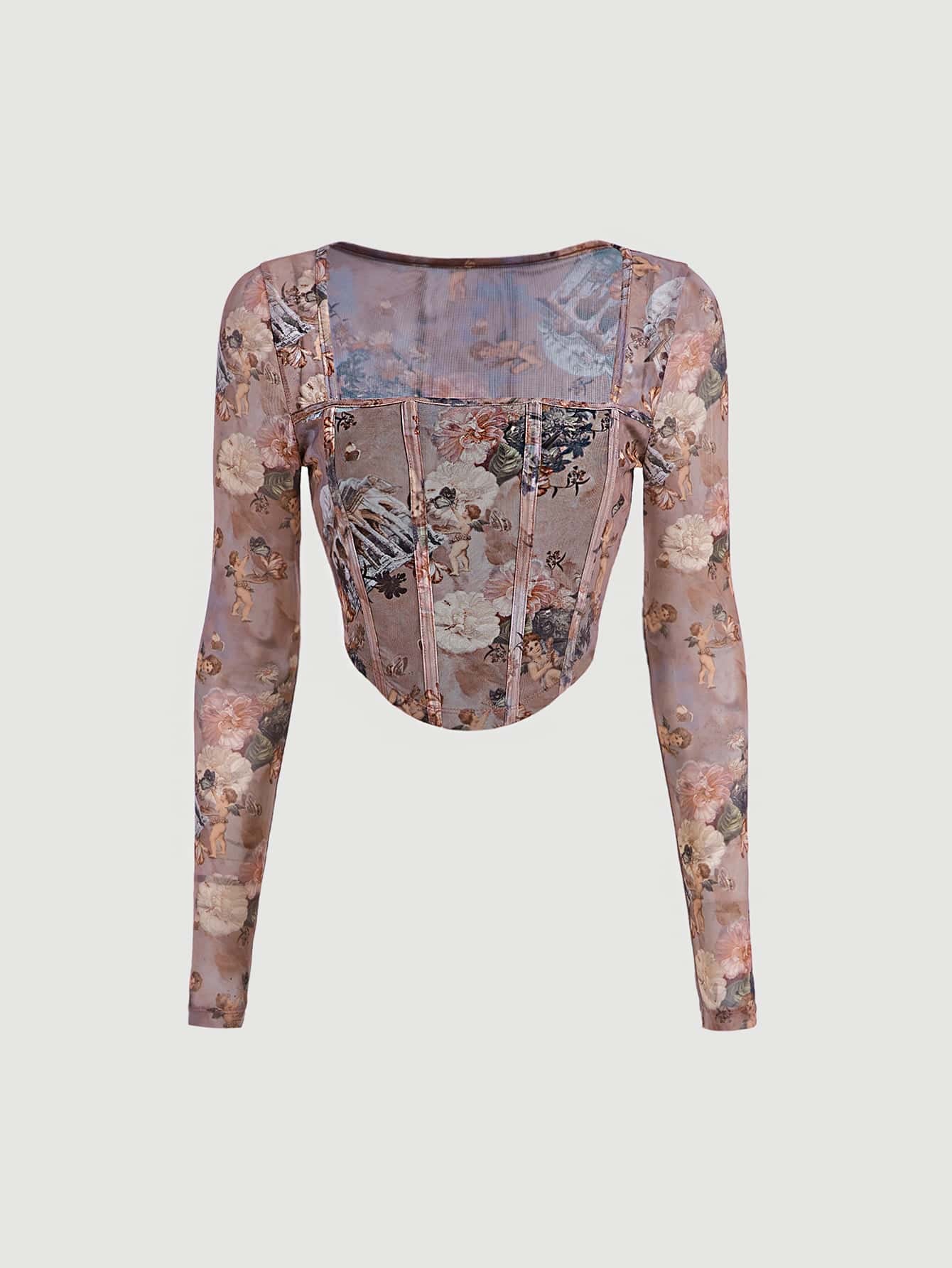 Retro Floral Mesh Long Sleeve