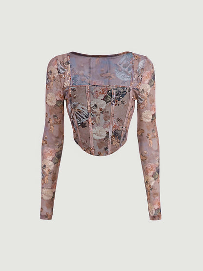 Retro Floral Mesh Long Sleeve