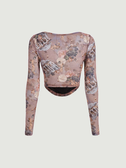 Retro Floral Mesh Long Sleeve
