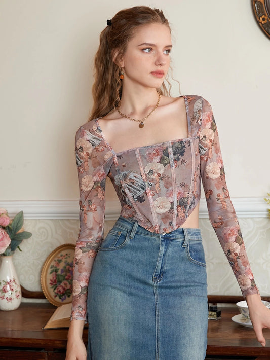 Retro Floral & Figure Print Square Neck Mesh Long Sleeve Crop Top | Aesthetic Slim-Fit Curved Hem Tee