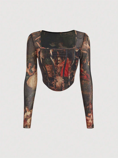 Retro Floral Mesh Long Sleeve