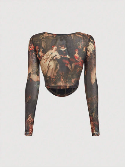 Retro Floral Mesh Long Sleeve