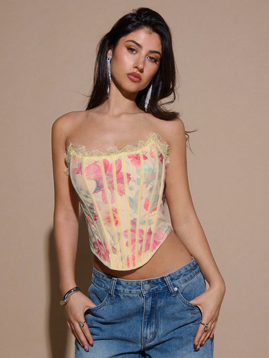 Floral Lace Strapless Asymmetrical Micro Crop Top | Slim-Fit Summer Cami for Party & Night-Out Looks
