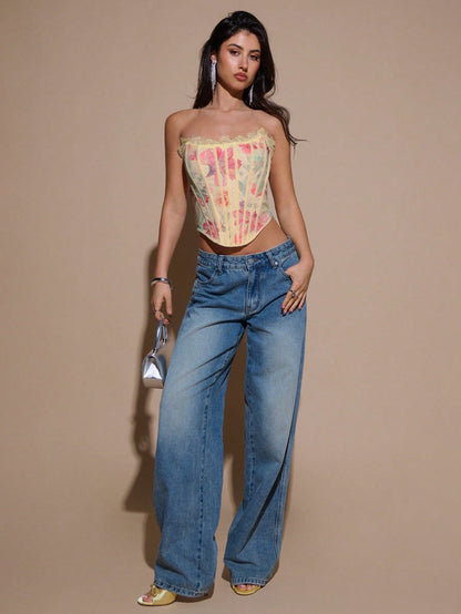 Floral Lace Strapless Micro Crop