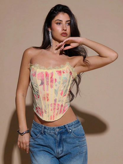 Floral Lace Strapless Micro Crop