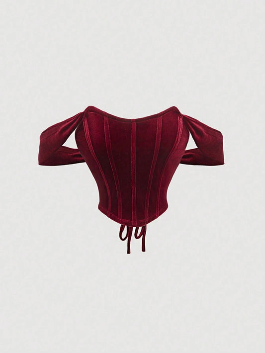 Vintage Velvet Strapless Asymmetrical Corset Crop Top | Romantic Slim-Fit Lace-Up Party Cami