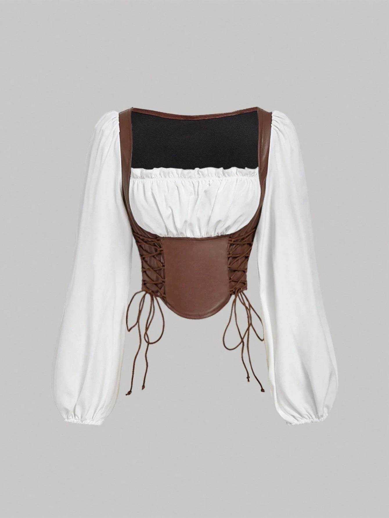 PU Patchwork Lantern Sleeve Crop Top | Vintage Square-Neck Lace-Up Witchy Aesthetic Blouse