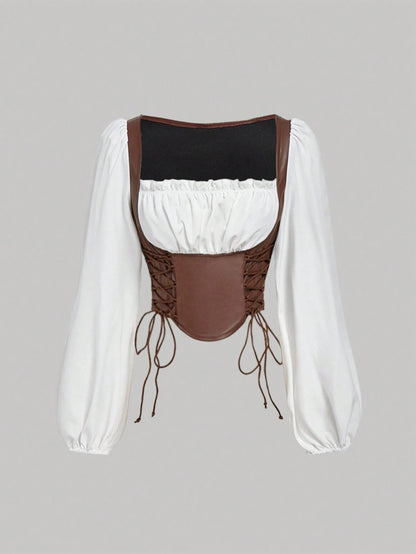 PU Patchwork Lantern Sleeve Crop Top | Vintage Square-Neck Lace-Up Witchy Aesthetic Blouse