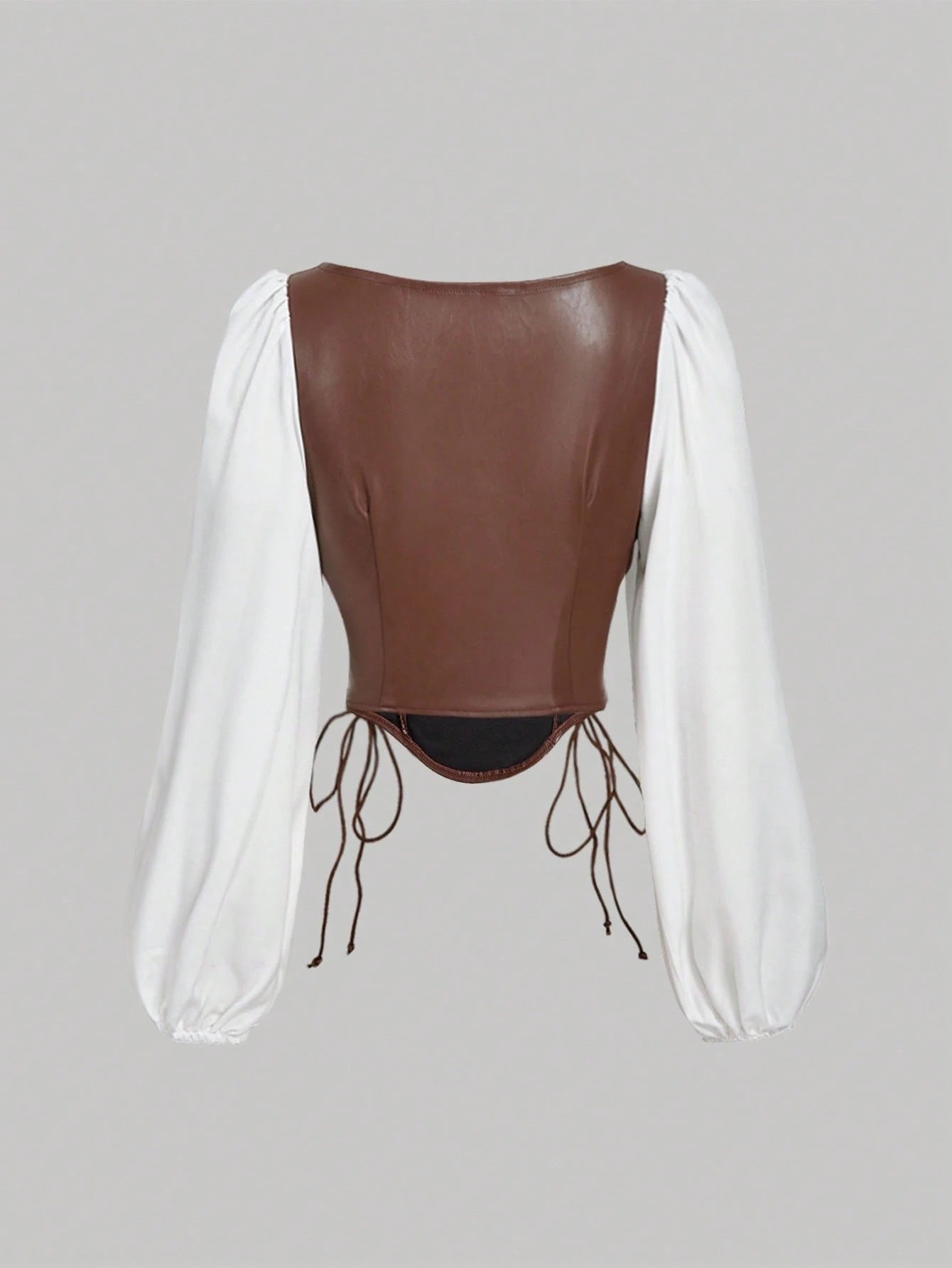 PU Patchwork Lantern Sleeve Crop Top | Vintage Square-Neck Lace-Up Witchy Aesthetic Blouse