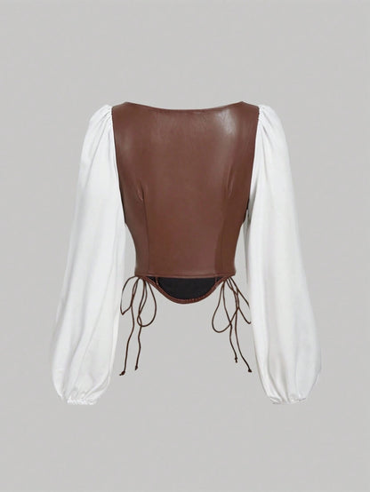 PU Patchwork Lantern Sleeve Crop Top | Vintage Square-Neck Lace-Up Witchy Aesthetic Blouse