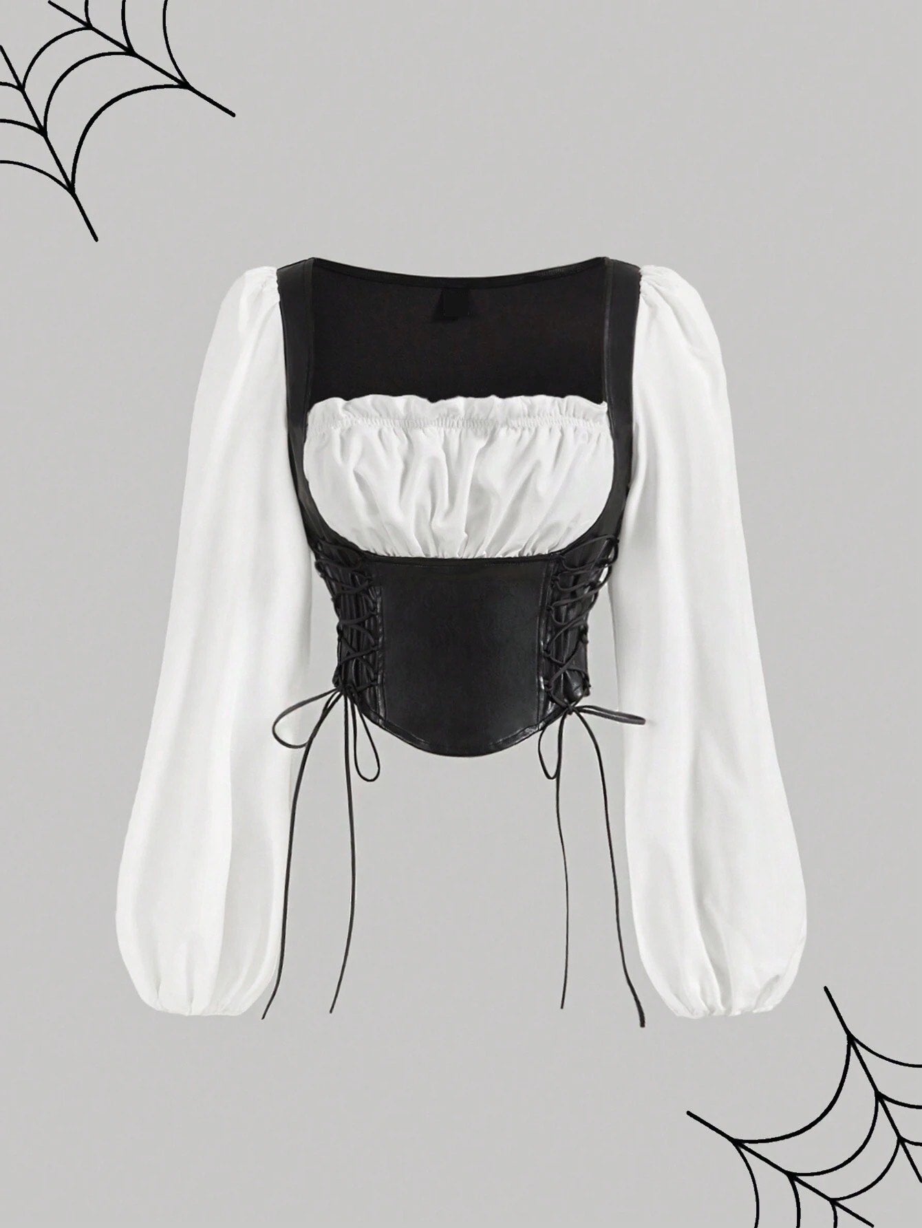 PU Patchwork Lantern Sleeve Crop Top | Vintage Square-Neck Lace-Up Witchy Aesthetic Blouse