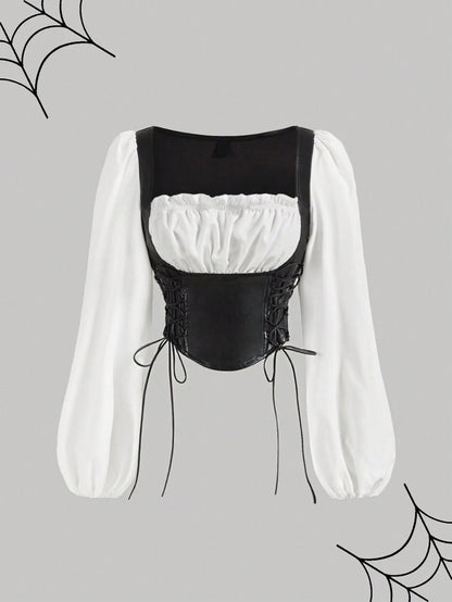 PU Patchwork Lantern Sleeve Crop Top | Vintage Square-Neck Lace-Up Witchy Aesthetic Blouse
