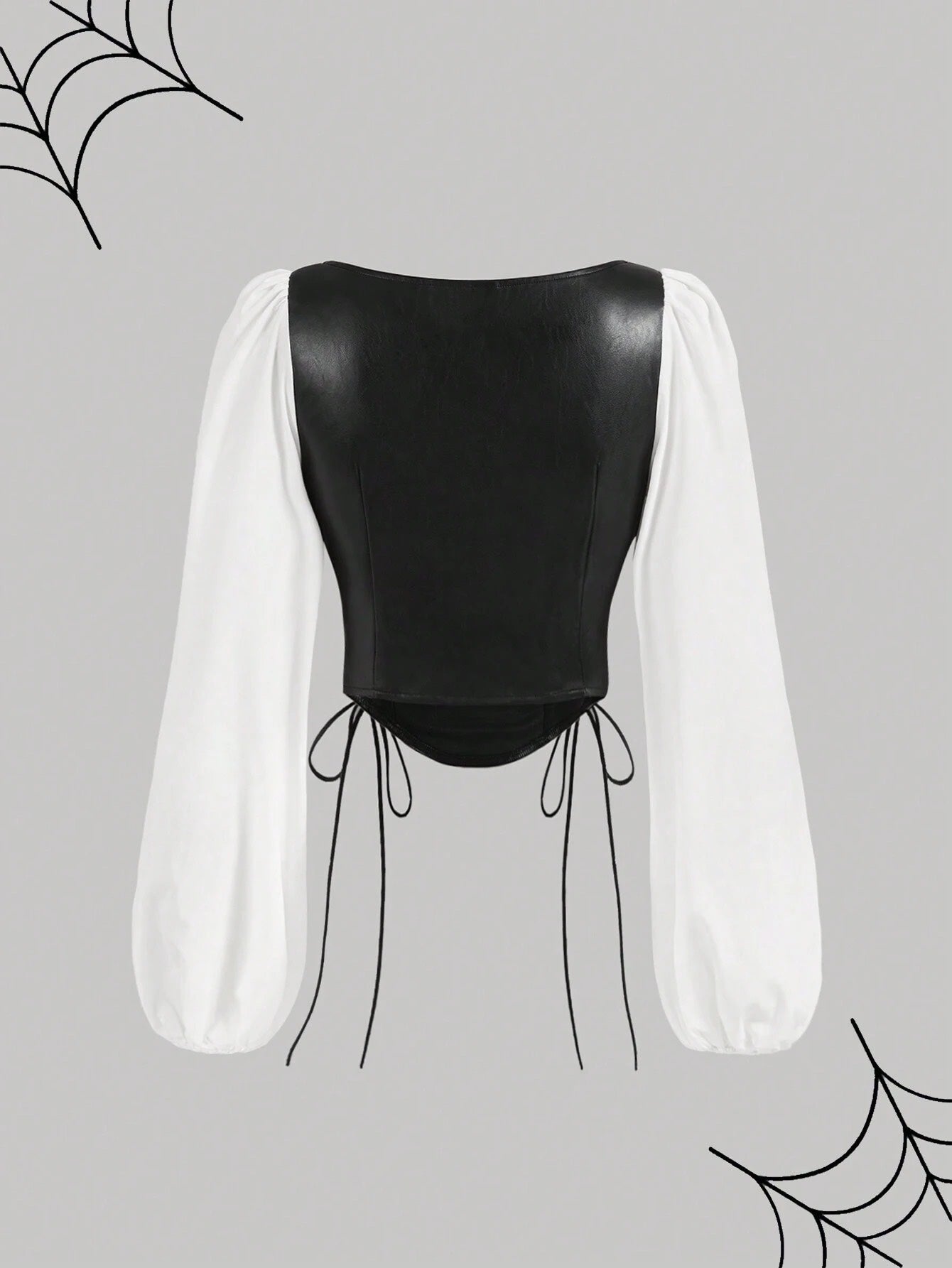 PU Patchwork Lantern Sleeve Crop Top | Vintage Square-Neck Lace-Up Witchy Aesthetic Blouse