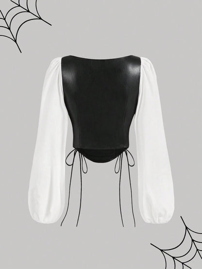 PU Patchwork Lantern Sleeve Crop Top | Vintage Square-Neck Lace-Up Witchy Aesthetic Blouse
