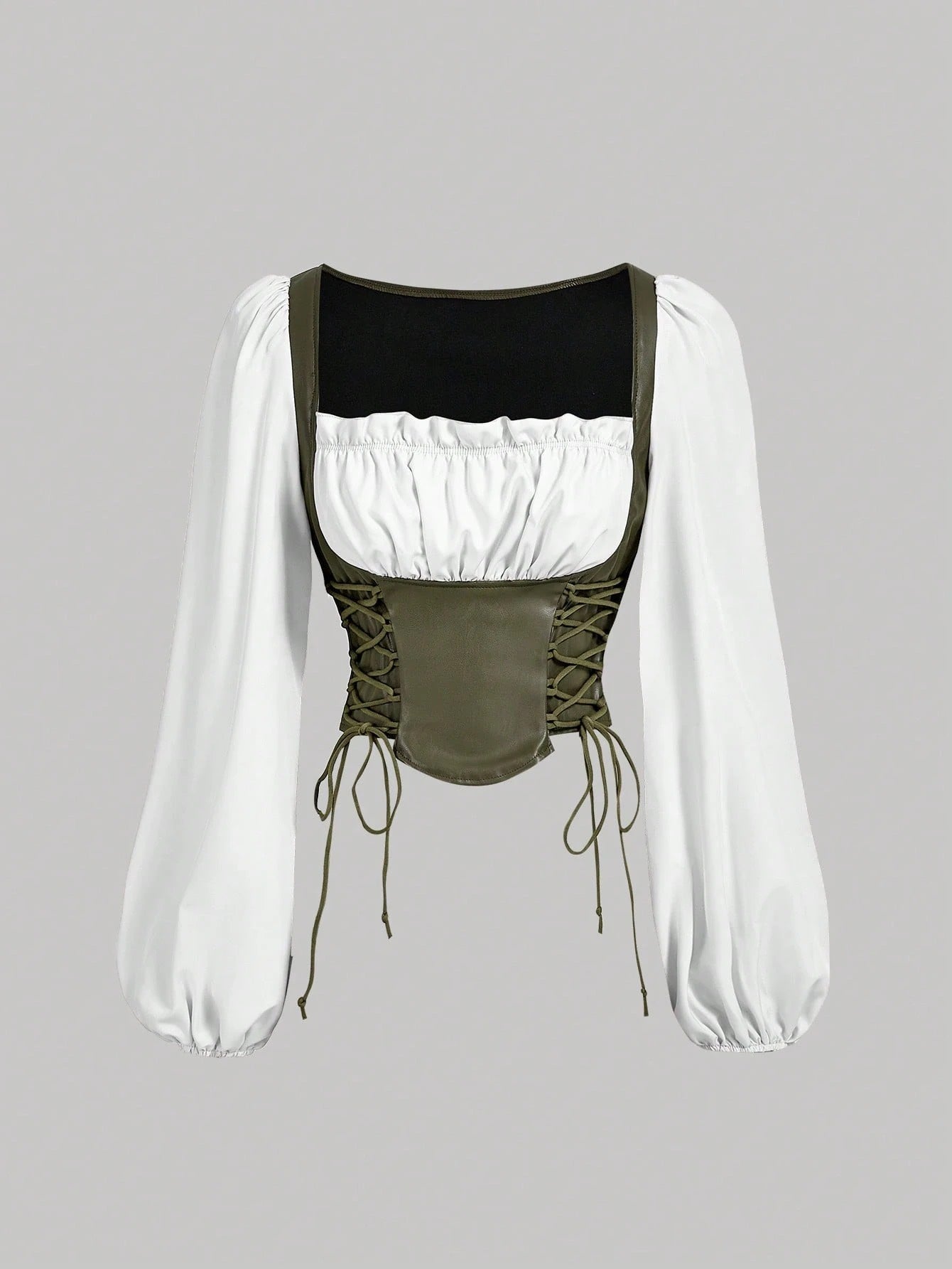 PU Patchwork Lantern Sleeve Crop Top | Vintage Square-Neck Lace-Up Witchy Aesthetic Blouse