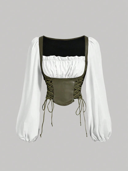 PU Patchwork Lantern Sleeve Crop Top | Vintage Square-Neck Lace-Up Witchy Aesthetic Blouse