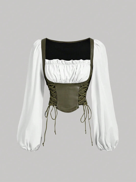 PU Patchwork Lantern Sleeve Crop Top | Vintage Square-Neck Lace-Up Witchy Aesthetic Blouse