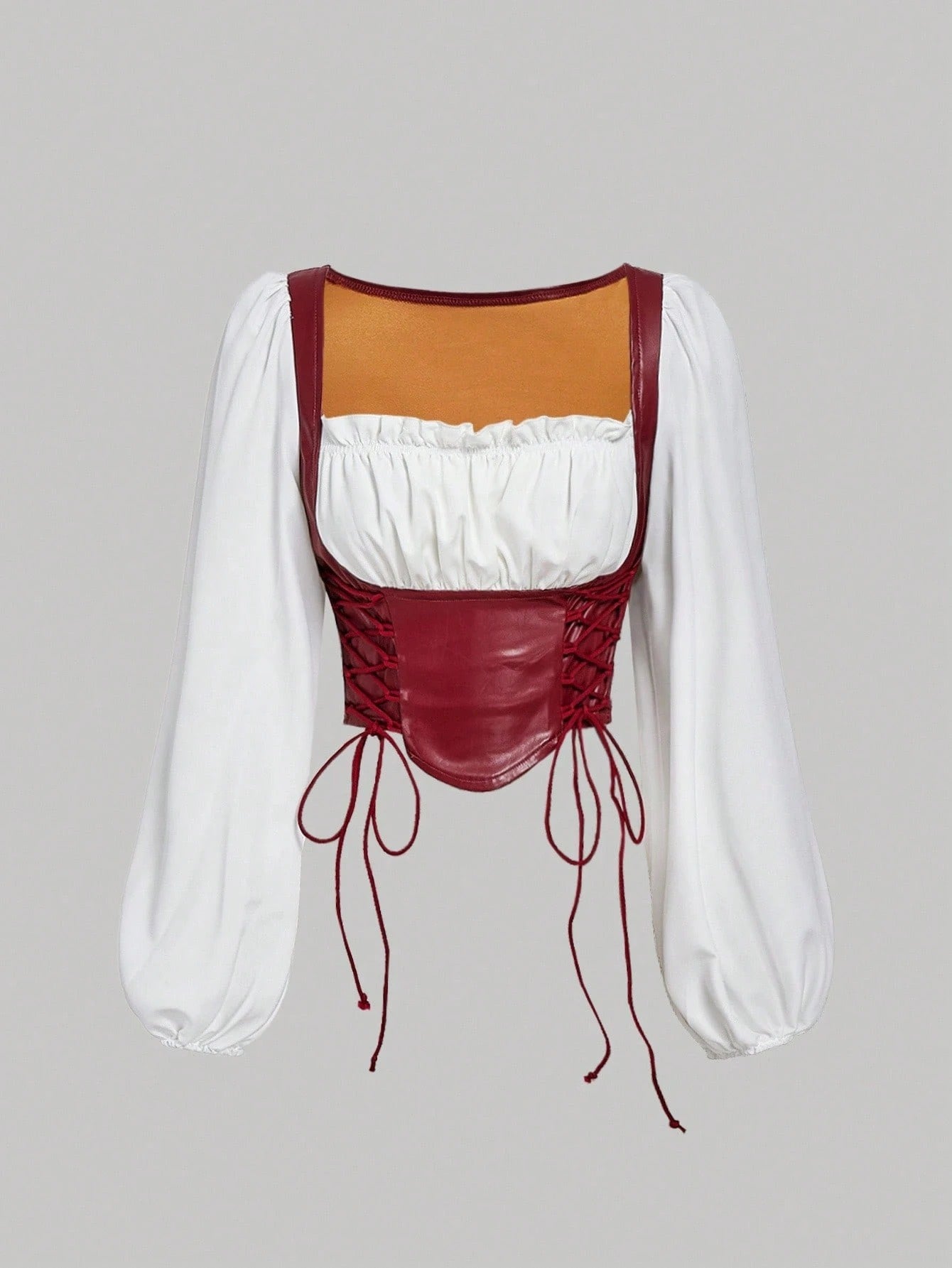 PU Patchwork Lantern Sleeve Crop Top | Vintage Square-Neck Lace-Up Witchy Aesthetic Blouse