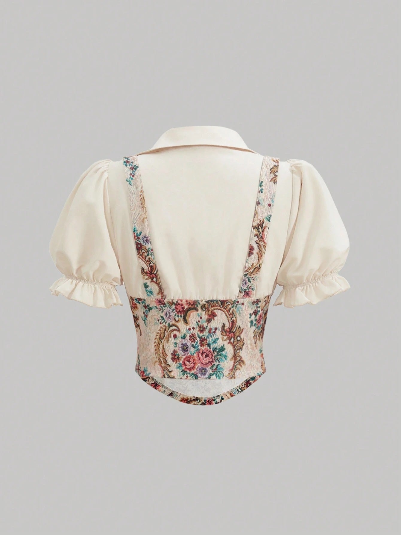 Floral Patchwork 2-in-1 Puff Sleeve Shirt | Ruffled Collar Boho Asymmetrical Top