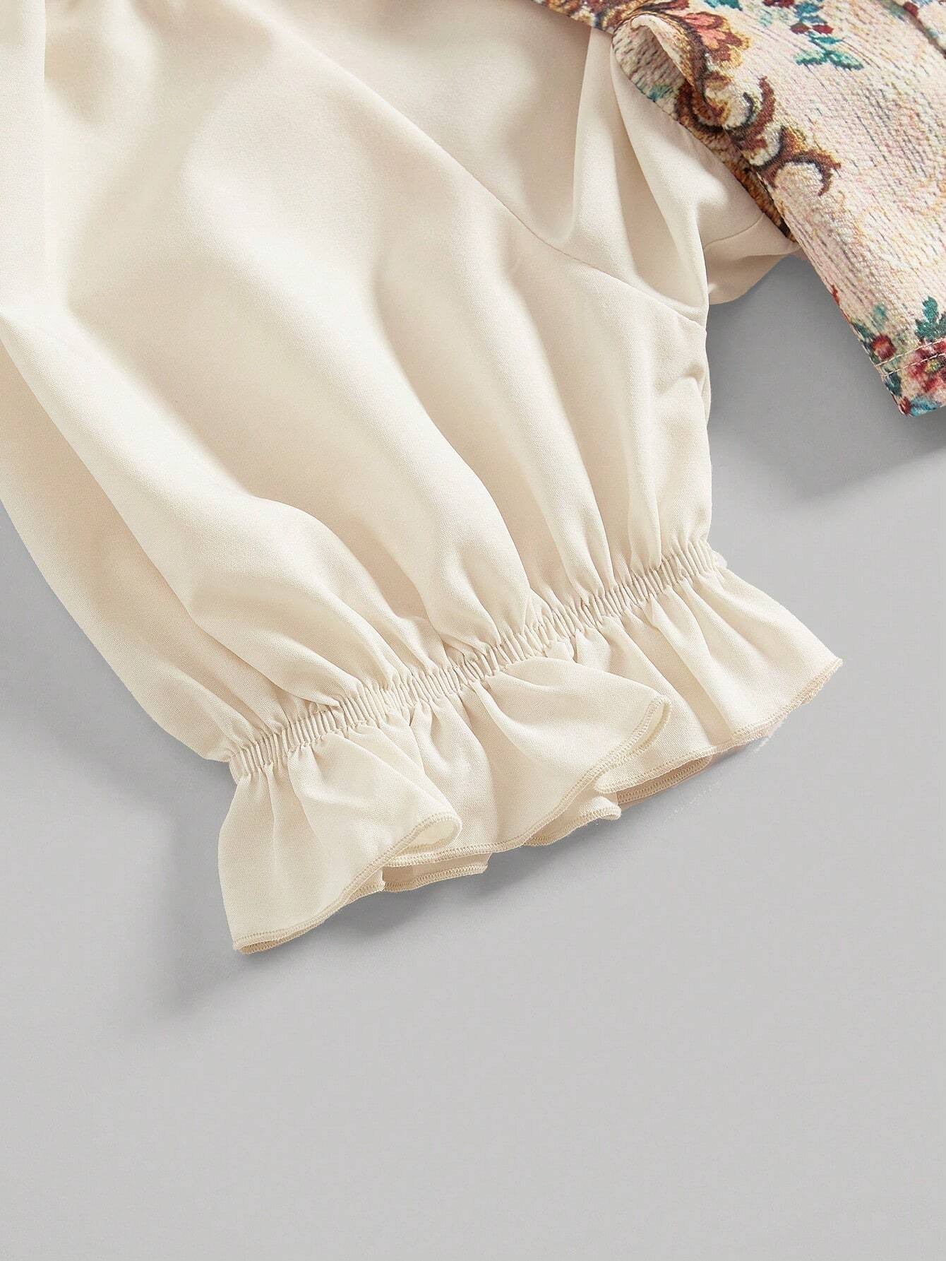 Floral Patchwork 2-in-1 Puff Sleeve Shirt | Ruffled Collar Boho Asymmetrical Top