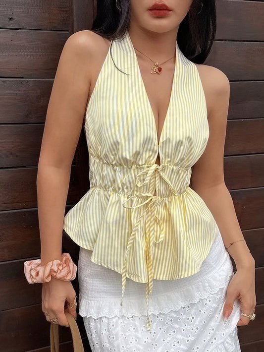 Striped Drawstring Halter Top