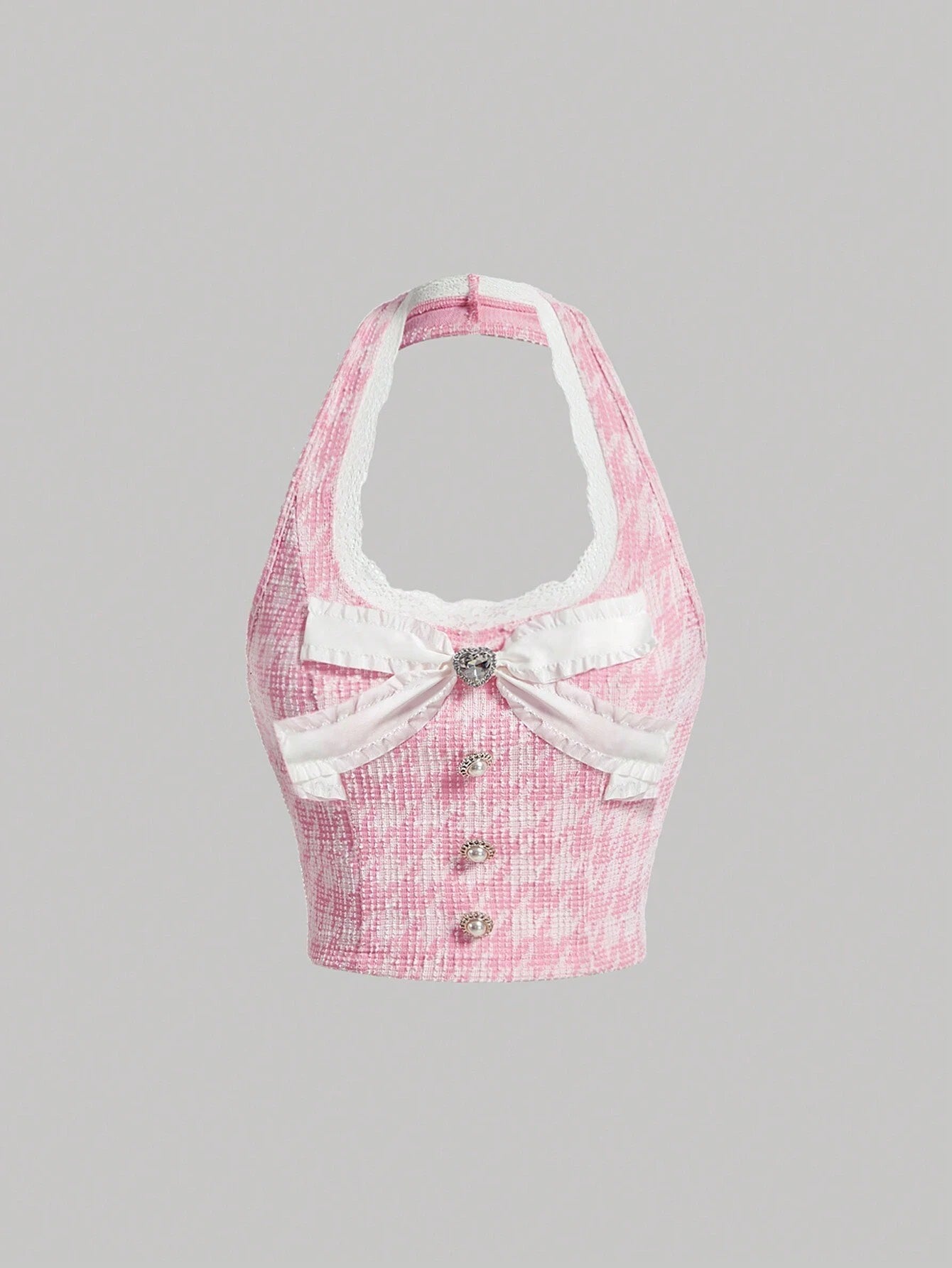 Houndstooth Lace Trim Halter Top
