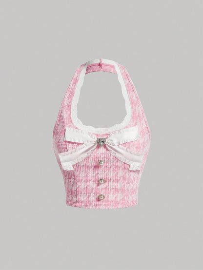 Houndstooth Lace Trim Halter Top