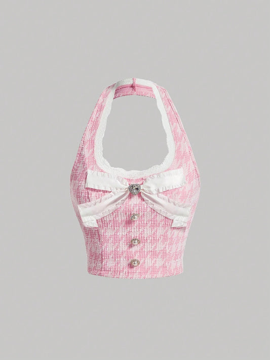 Houndstooth Lace Trim Halter Top