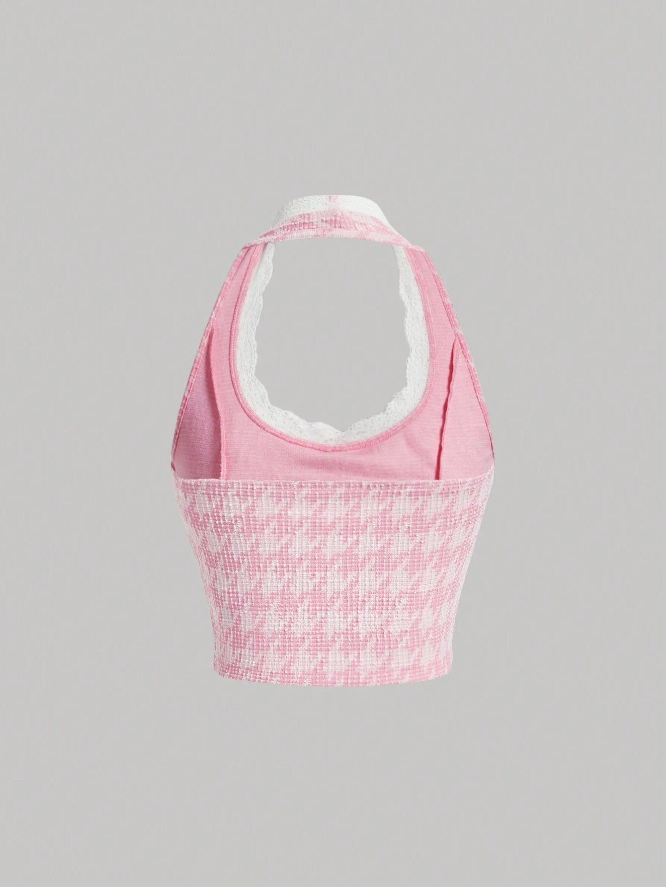 Houndstooth Lace Trim Halter Top