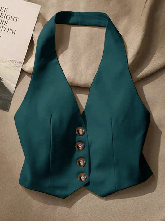 Solid Color Front Button Backless Halter Top – Versatile Asymmetrical Short Summer Tank