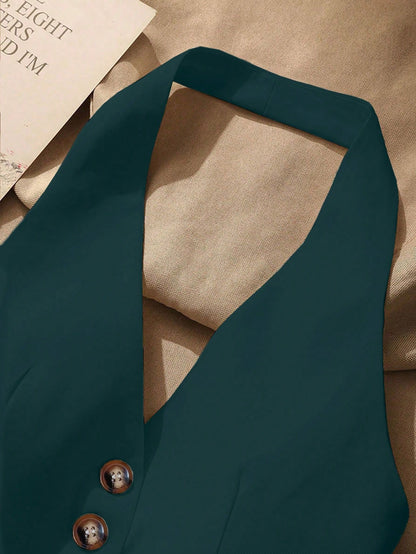 Front Button Backless Halter