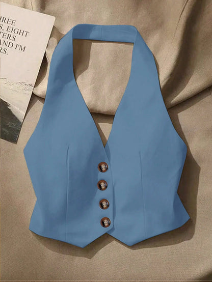 Front Button Backless Halter