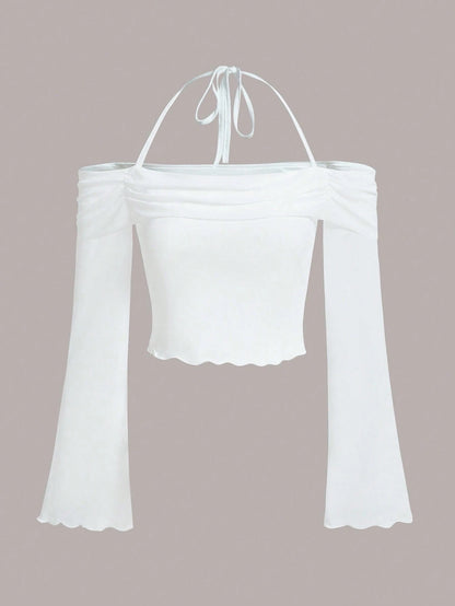 Solid Halter Neck Mesh Crop Top – Flounce Bell Sleeves with Lettuce Trim & Ruched Detail