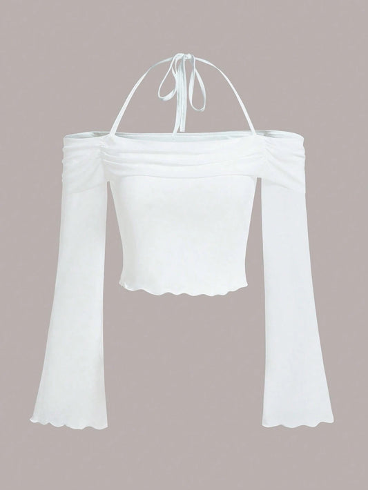 Solid Halter Neck Mesh Crop Top – Flounce Bell Sleeves with Lettuce Trim & Ruched Detail
