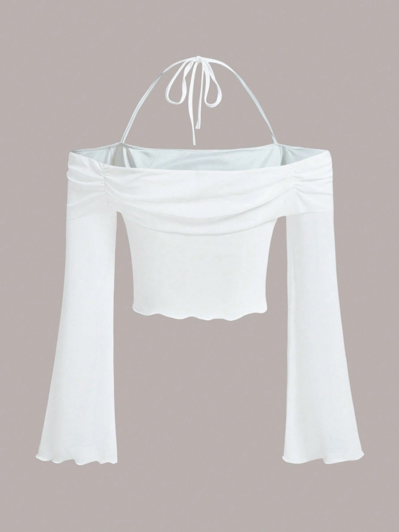 Solid Halter Neck Mesh Crop Top – Flounce Bell Sleeves with Lettuce Trim & Ruched Detail