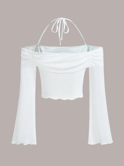 Solid Halter Neck Mesh Crop Top – Flounce Bell Sleeves with Lettuce Trim & Ruched Detail