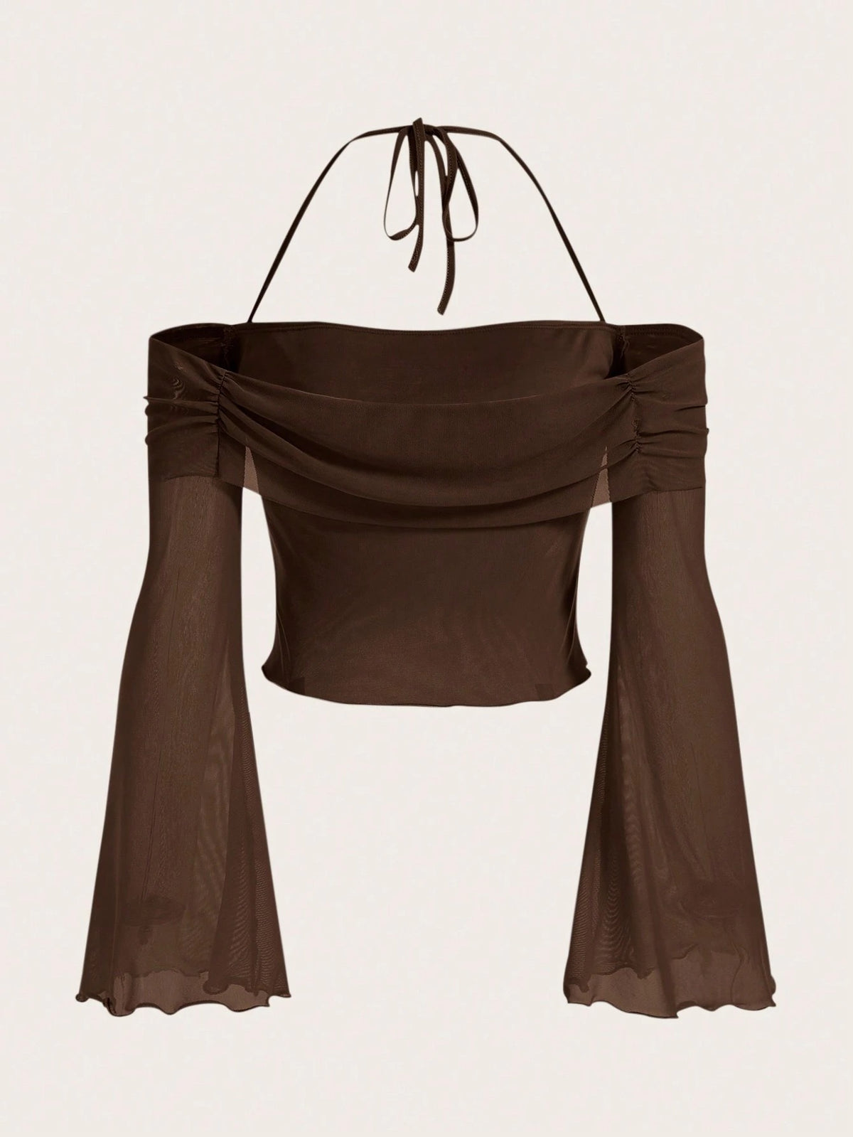 Solid Halter Neck Mesh Crop Top – Flounce Bell Sleeves with Lettuce Trim & Ruched Detail