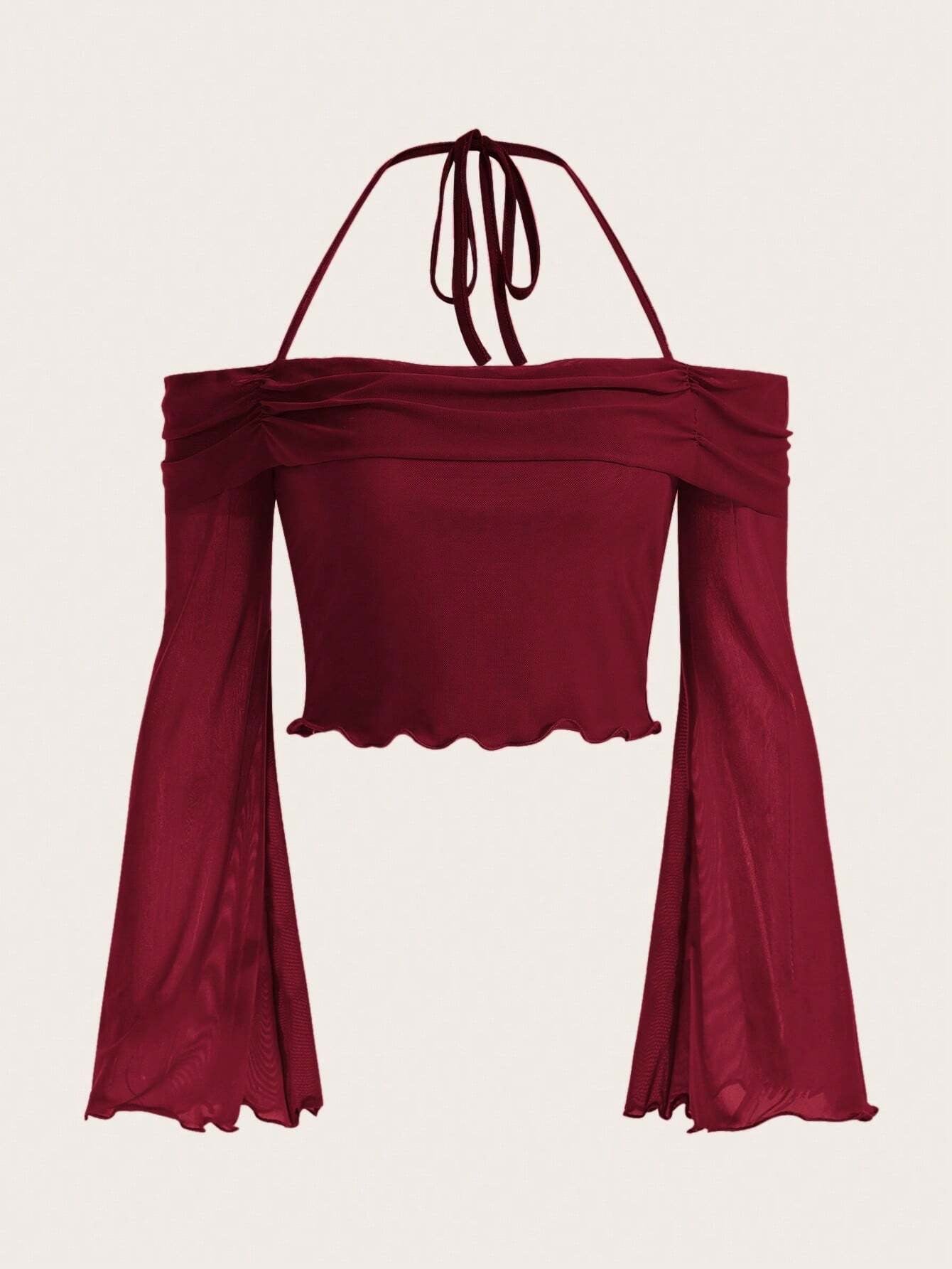 Solid Halter Neck Mesh Crop Top – Flounce Bell Sleeves with Lettuce Trim & Ruched Detail