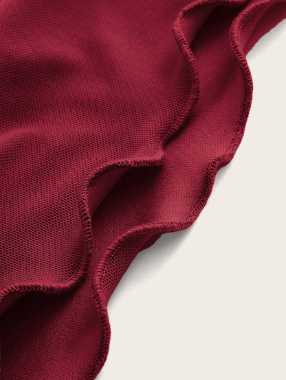 Solid Halter Neck Mesh Crop Top – Flounce Bell Sleeves with Lettuce Trim & Ruched Detail