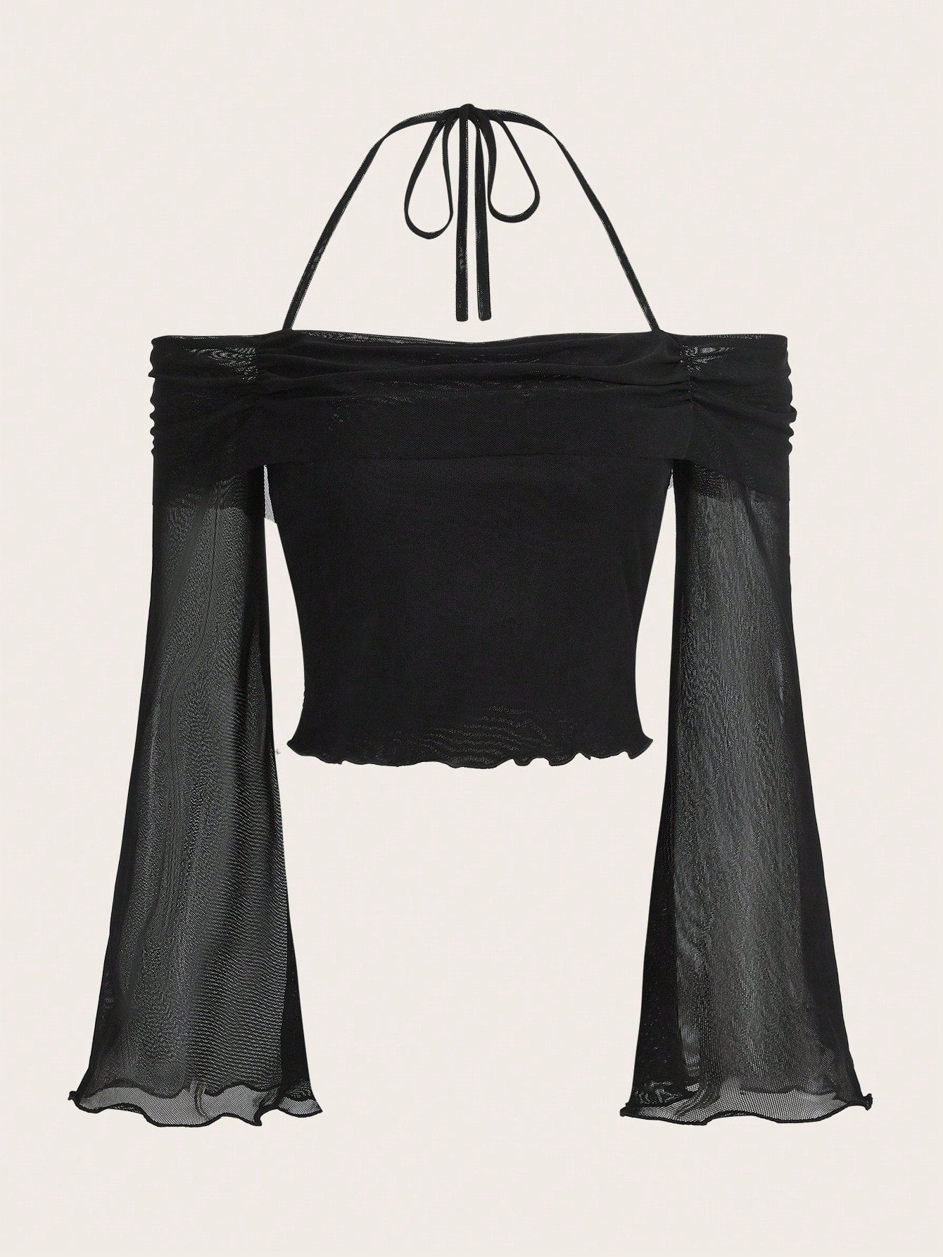 Solid Halter Neck Mesh Crop Top – Flounce Bell Sleeves with Lettuce Trim & Ruched Detail