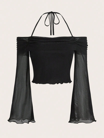 Solid Halter Neck Mesh Crop Top – Flounce Bell Sleeves with Lettuce Trim & Ruched Detail